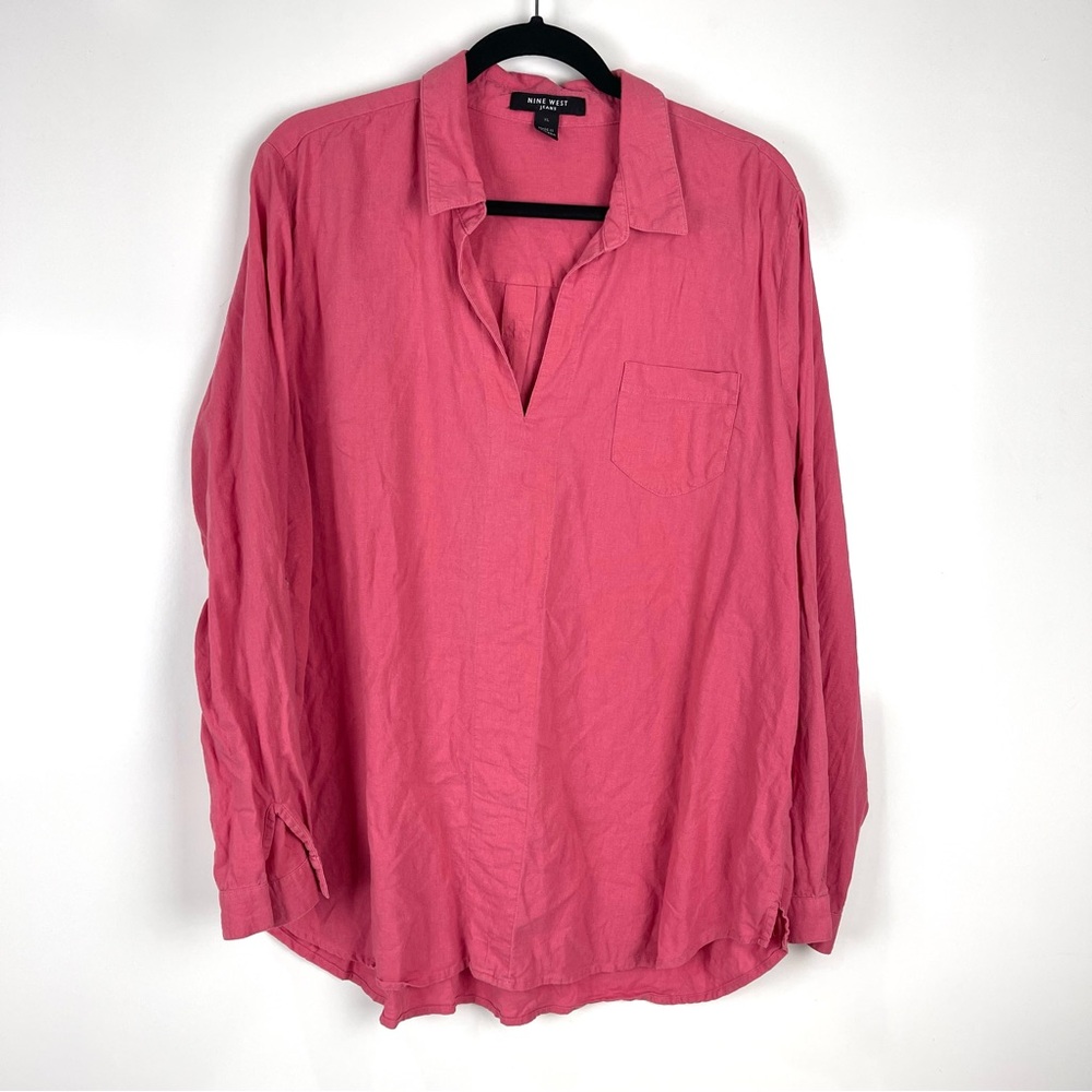 Nine West Linen Blend Collared Pullover Blouse Long Sleeve Women's XL Casual